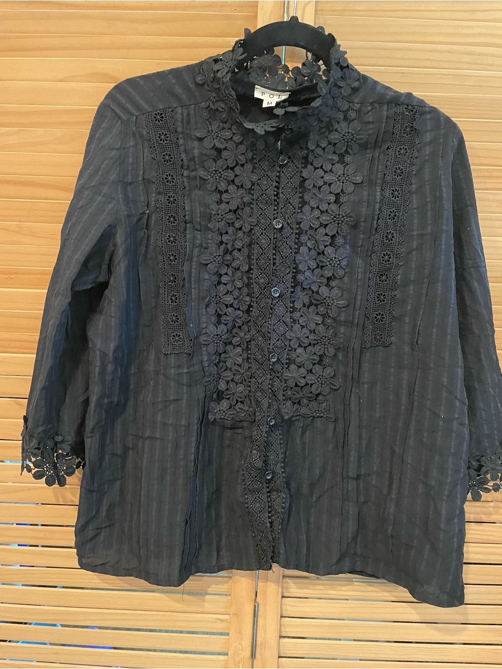 POL Black Floral Lace-Trim Button Front Top
